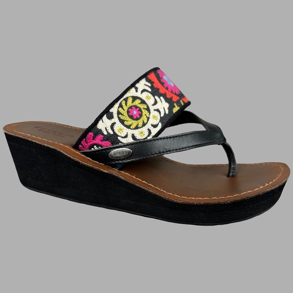 Acorn ArtWalk Leather Wedge Thong Sandals Womens 9 Vibrant Floral Boho Chic